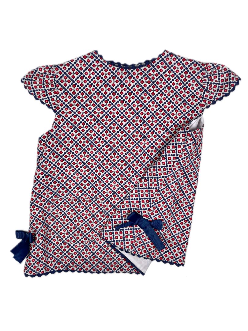 18 mo, Bella Bliss, White, Cap-sleeve blouse, red/blue pattern, ric-rac trim & blue bows