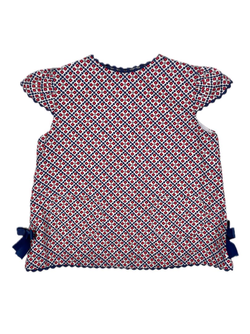 18 mo, Bella Bliss, White, Cap-sleeve blouse, red/blue pattern, ric-rac trim & blue bows
