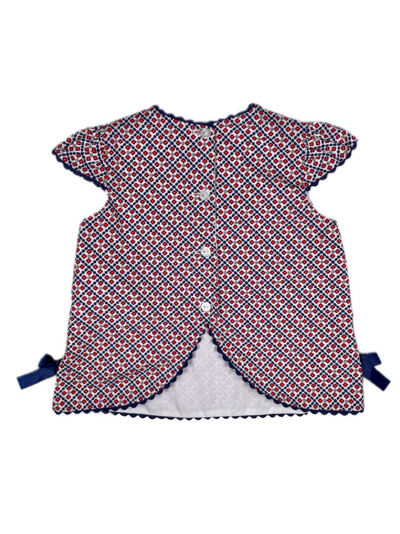 18 mo, Bella Bliss, White, Cap-sleeve blouse, red/blue pattern, ric-rac trim & blue bows