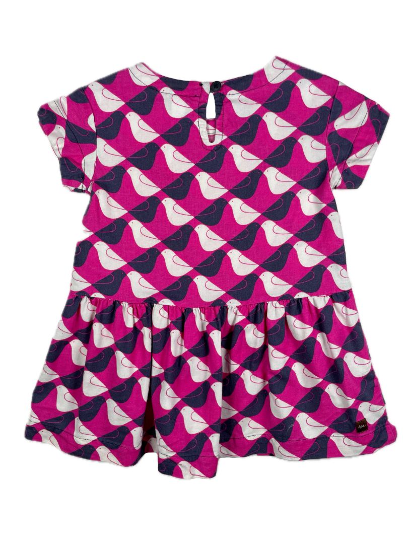 2/2T, Tea Collection, Pink, Short-sleeve drop waist dress, white/blue bird pattern, front pockets