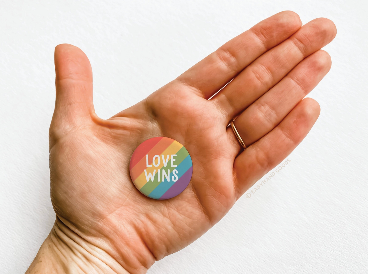 Easyhand Goods, LOVE WINS rainbow pinback button