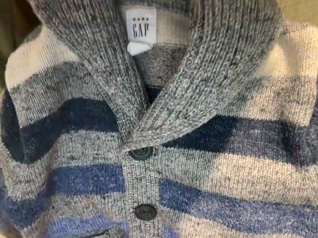 3-6 mo, babyGap, Grey, Blue stripe shawl collar button-down cardigan sweater