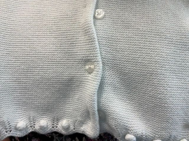 6-12 mo, Janie and Jack, White, Knit button-up cardigan, pom-poms at hem
