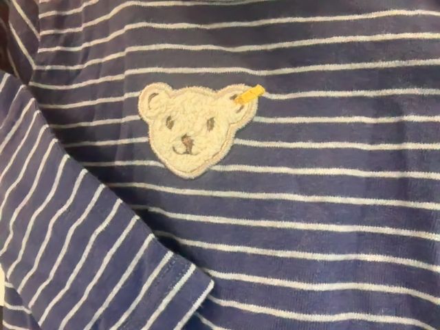 Newborn, Steiff, Blue, Grey striped long-sleeve bodysuit, appliqué "button in ear" bear