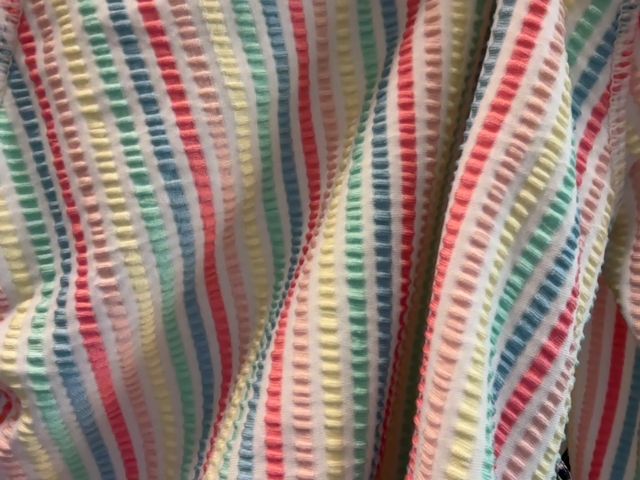 24 mo, Cynthia Rowley, White, Pastel rainbow vertical striped seersucker one-piece swimsuit + sun hat SET