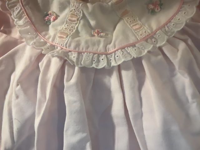 6-9 mo, Baby Togs, Pink, Vintage heirloom puff sleeve eyelet embroidered dress, lace, ribbon, & rosette collar