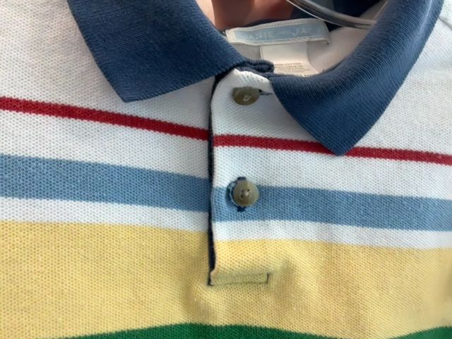 18-24 mo, Janie and Jack, White, Green/yellow/red striped short-sleeve polo shirt, blue collar