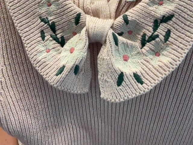 5-6, Cupcakes and Cashmere, Pink, Long-sleeve sweater dress, cable-knit skirt, floral embroidered collar