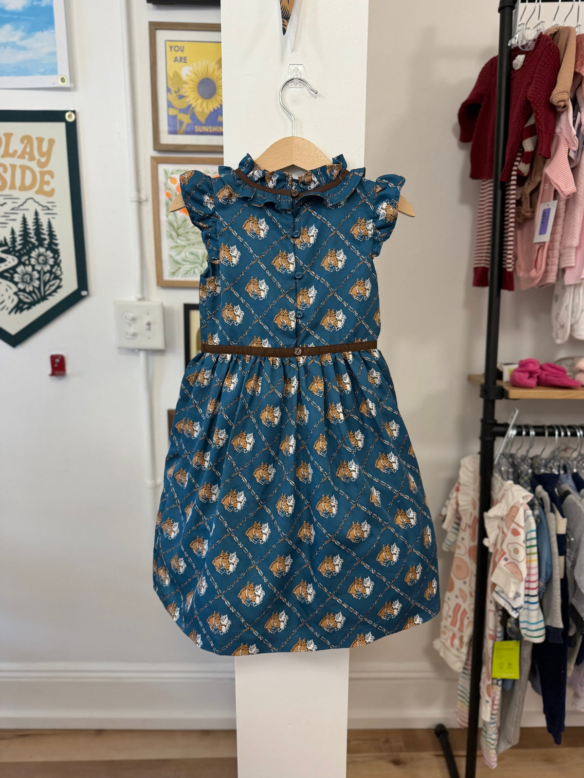4/4T, Janie and Jack, Blue, Flutter sleeve horses & chain print equestrian dress, faux suede and gold bit waist