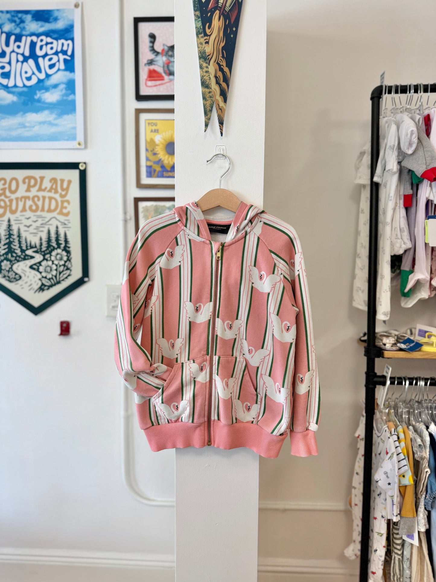 7-9, Mini Rodini, Pink, White/green striped swan zip-up hoodie