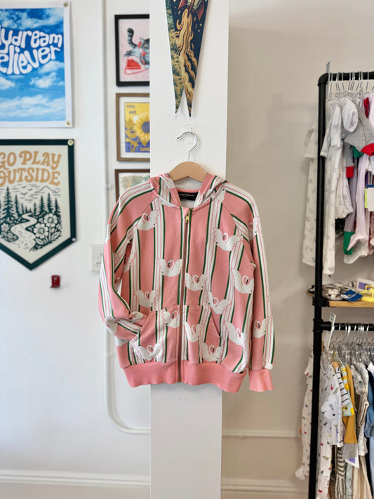 7-9, Mini Rodini, Pink, White/green striped swan zip-up hoodie
