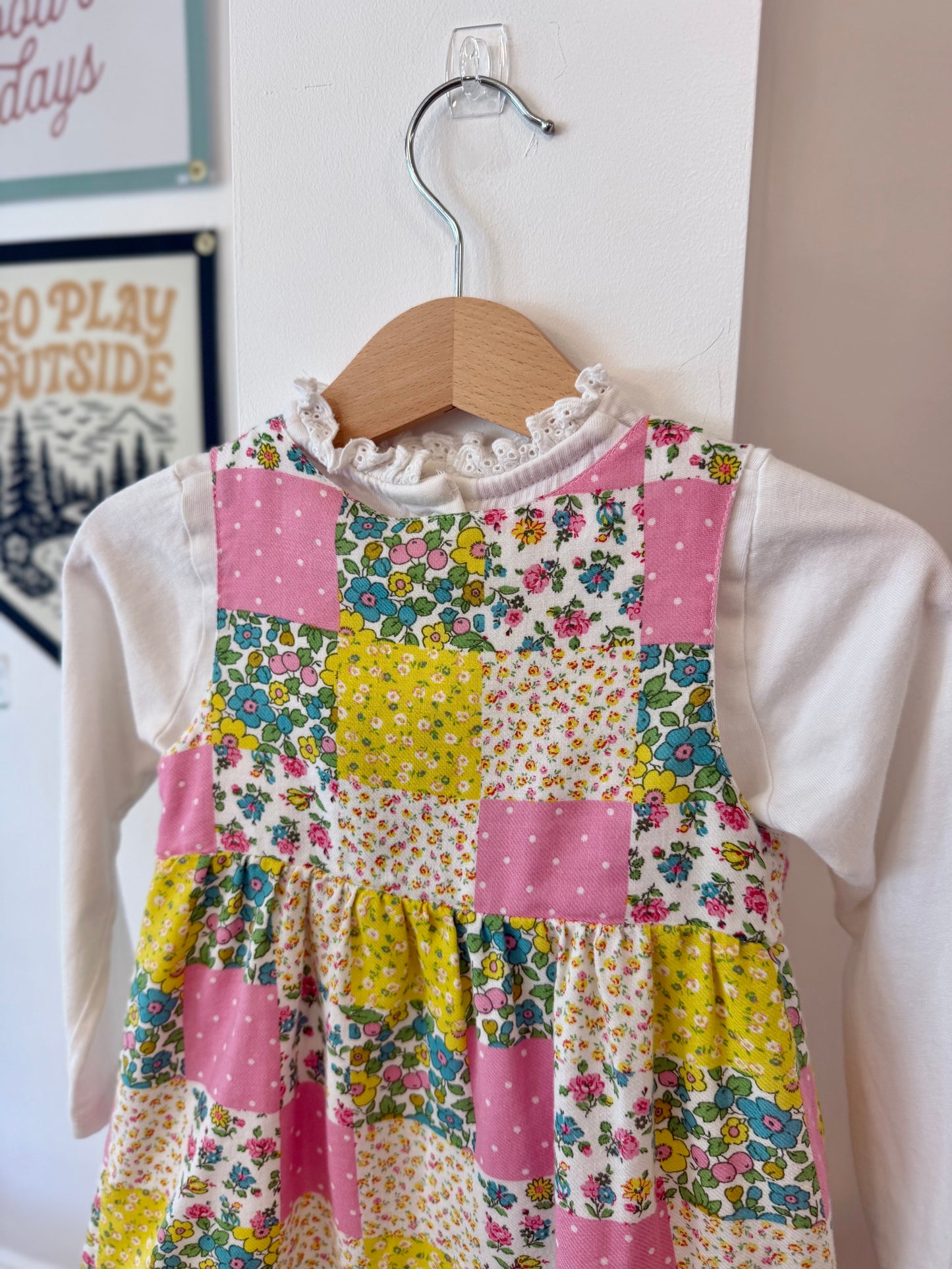 9-12 mo, Boden, White, Pink/blue/green floral patchwork pinafore dress / jumper + long-sleeve ruffle neck shirt SET