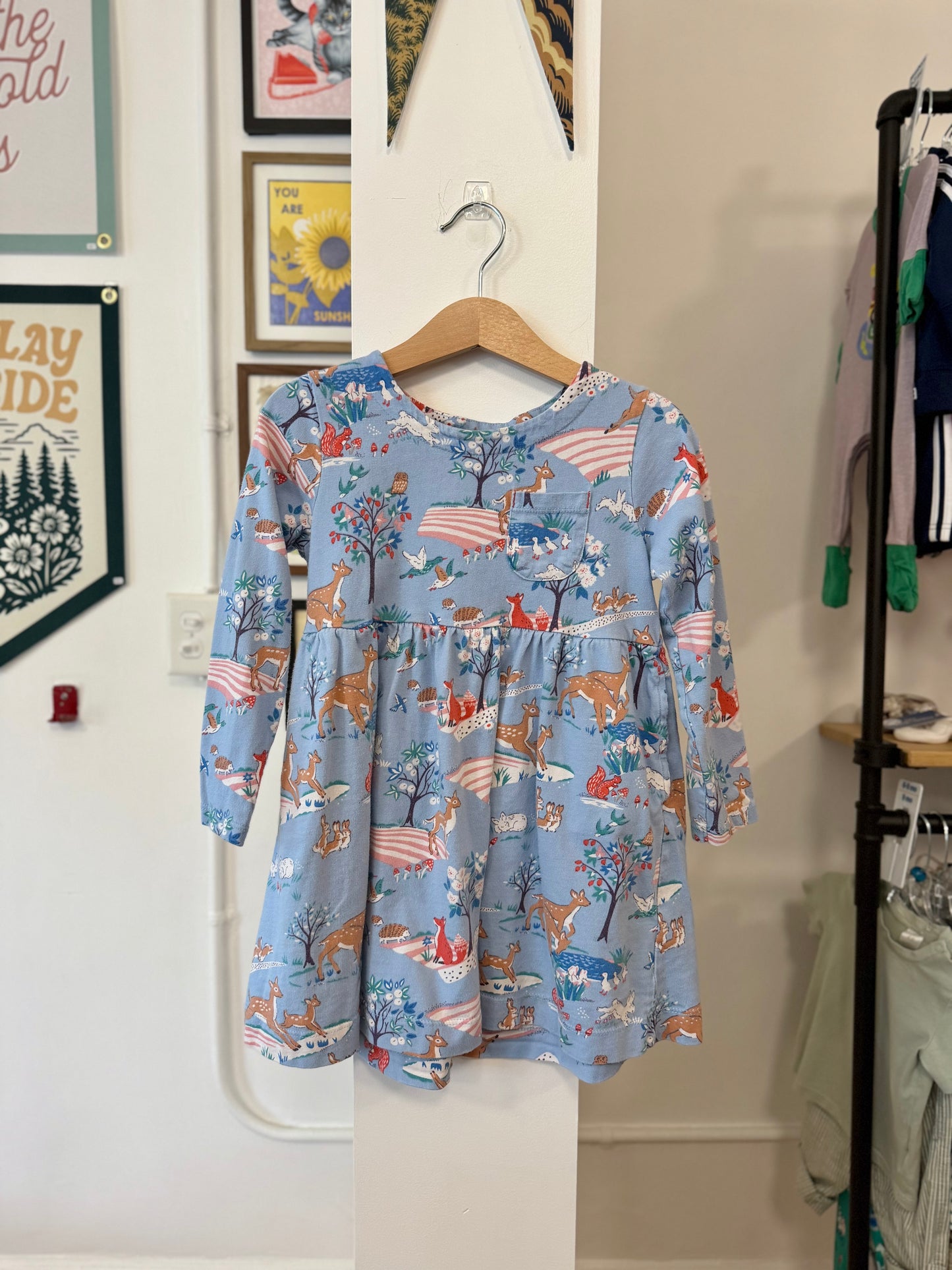 4-5, Boden, Blue, Forest animal long-sleeve t-shirt dress