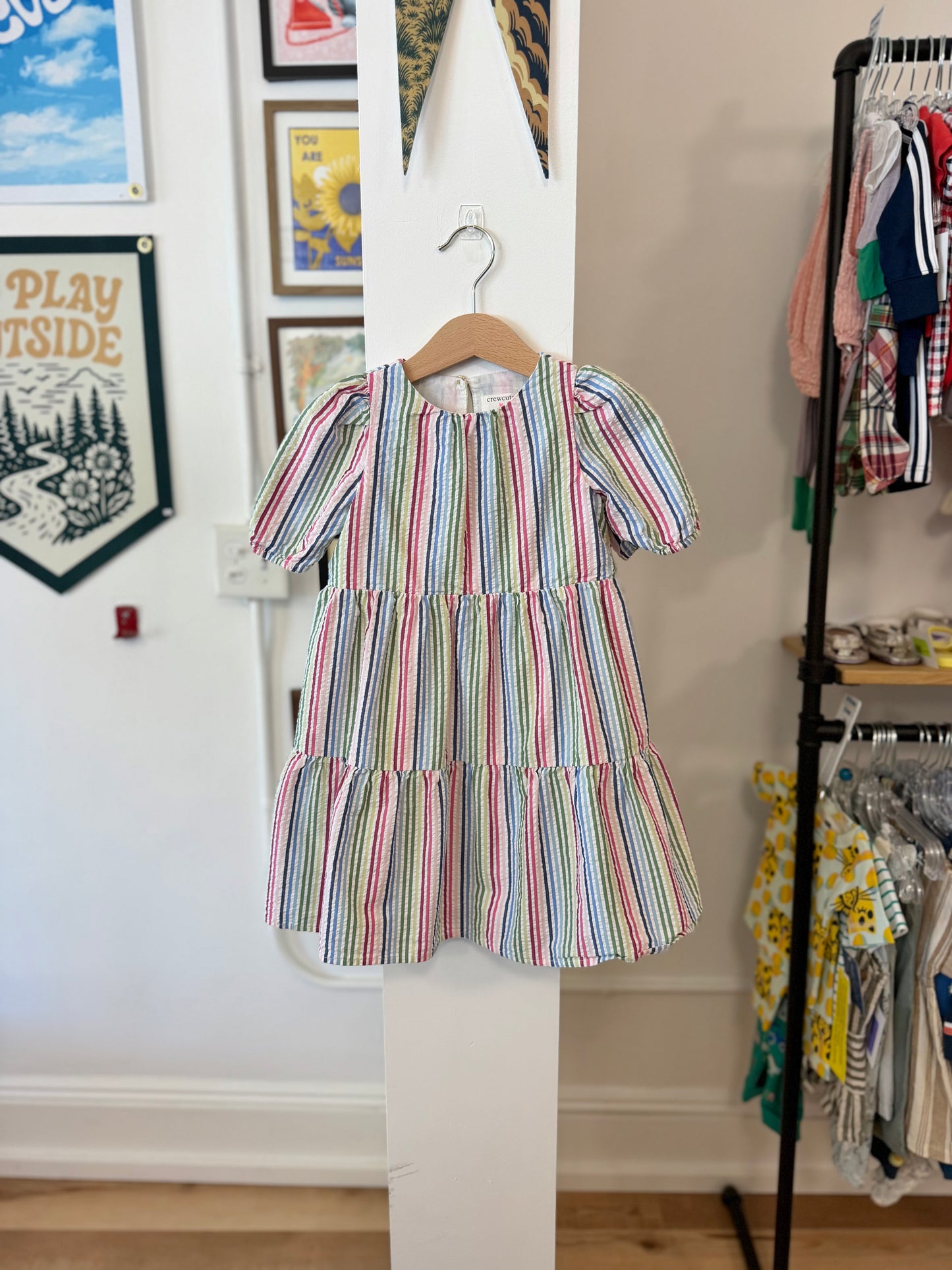 3/3T, J.Crew Crewcuts, White, Vertical rainbow stripe tiered seersucker dress, puff sleeves