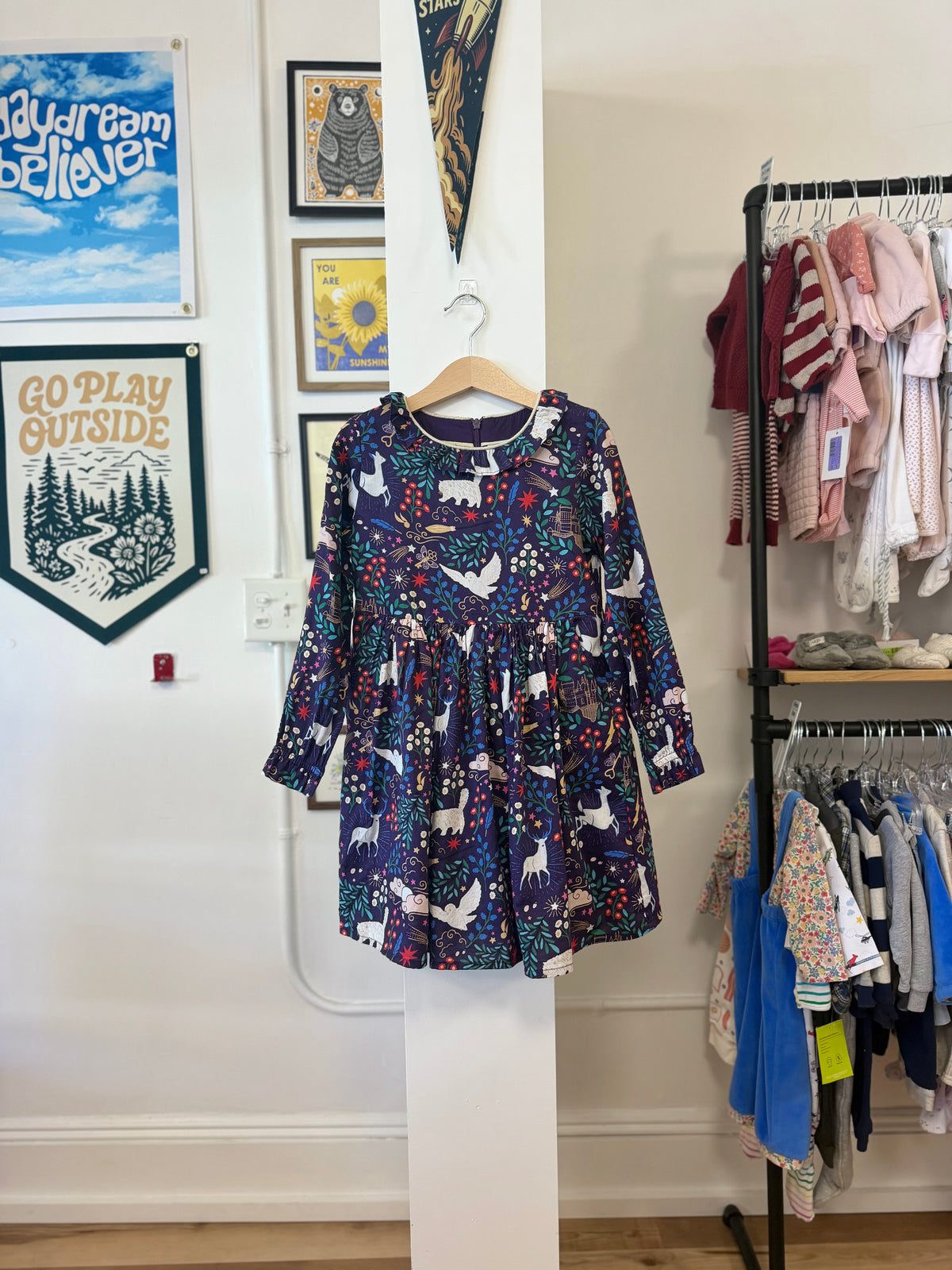 6-7, Boden, Purple, Long-sleeve Harry Potter collab dress, zip back, ruffle collar