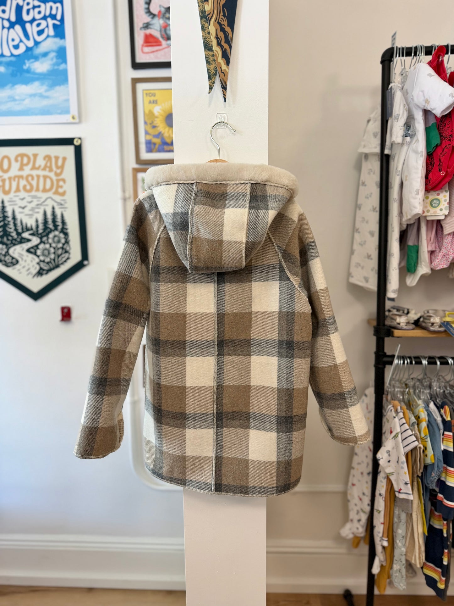 7, Mayoral, cream, Plaid faux fur lined hooded snap-up coat