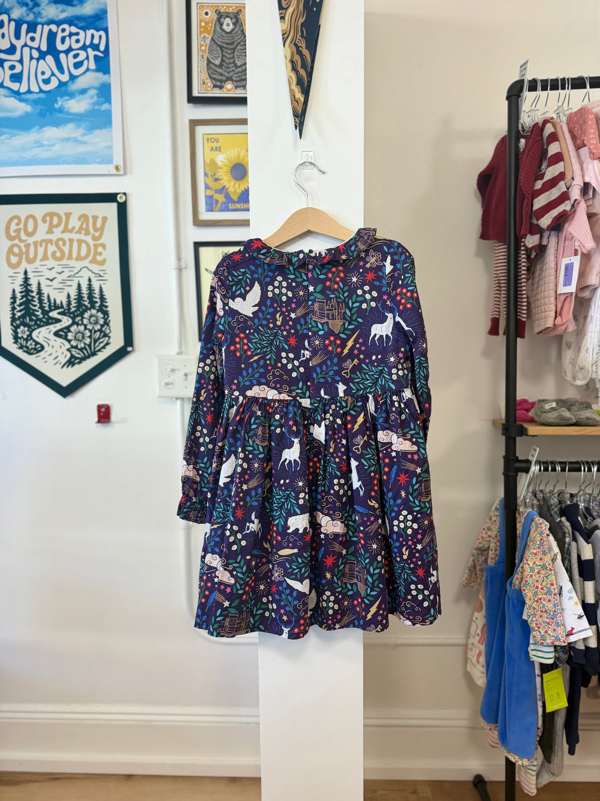 6-7, Boden, Purple, Long-sleeve Harry Potter collab dress, zip back, ruffle collar