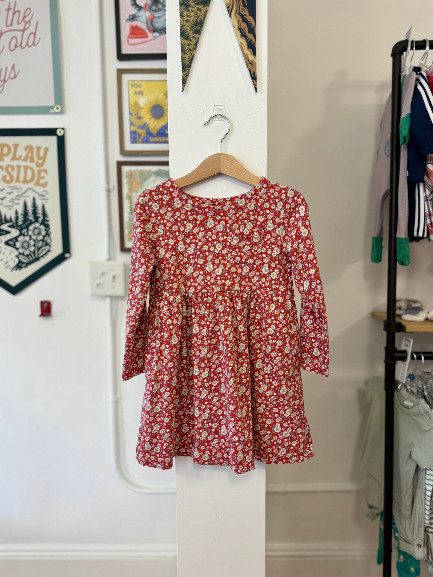 5-6, Boden, Red, White floral print long-sleeve t-shirt dress