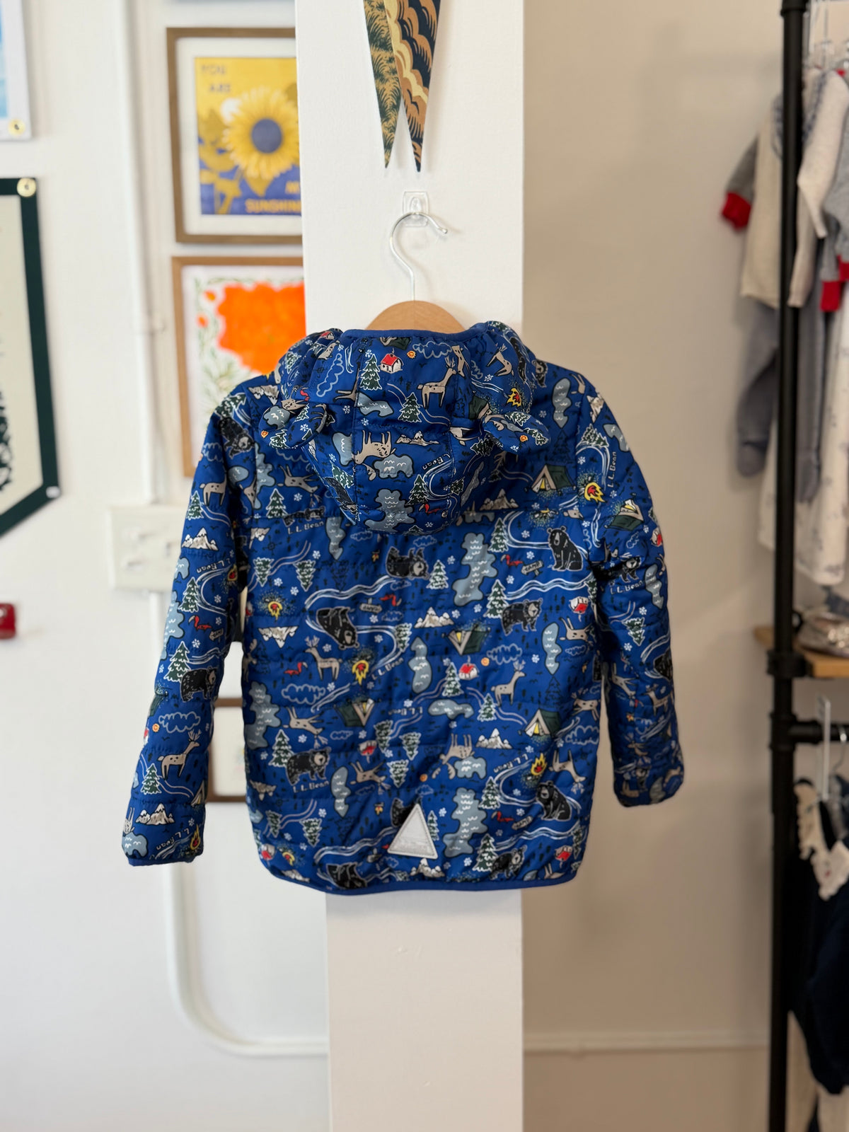4/4T, L.L.Bean, Blue, Wildlife / camping print faux fur lined insulated hooded jacket with ears