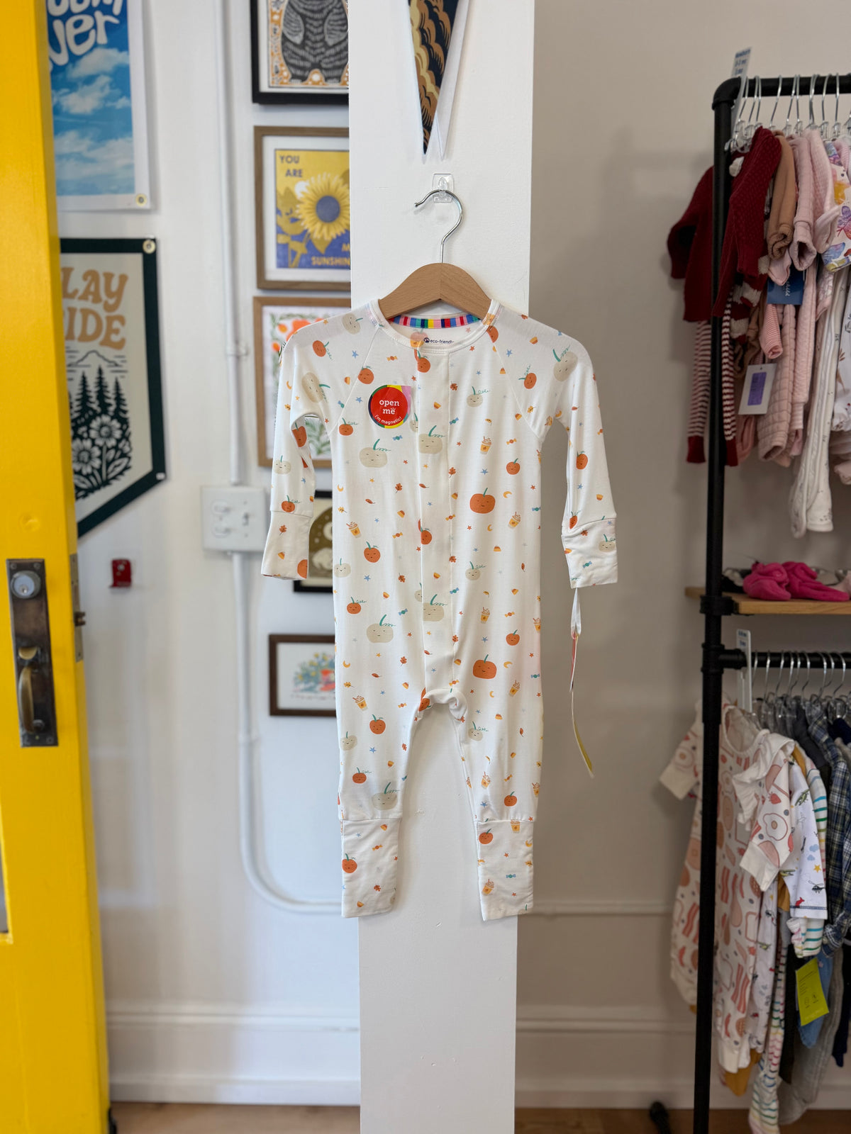 9-12 mo, Magnetic Me, White, NEW w/ tags - Pumpkins & PSL magnetic closure coverall/sleeper, convertible