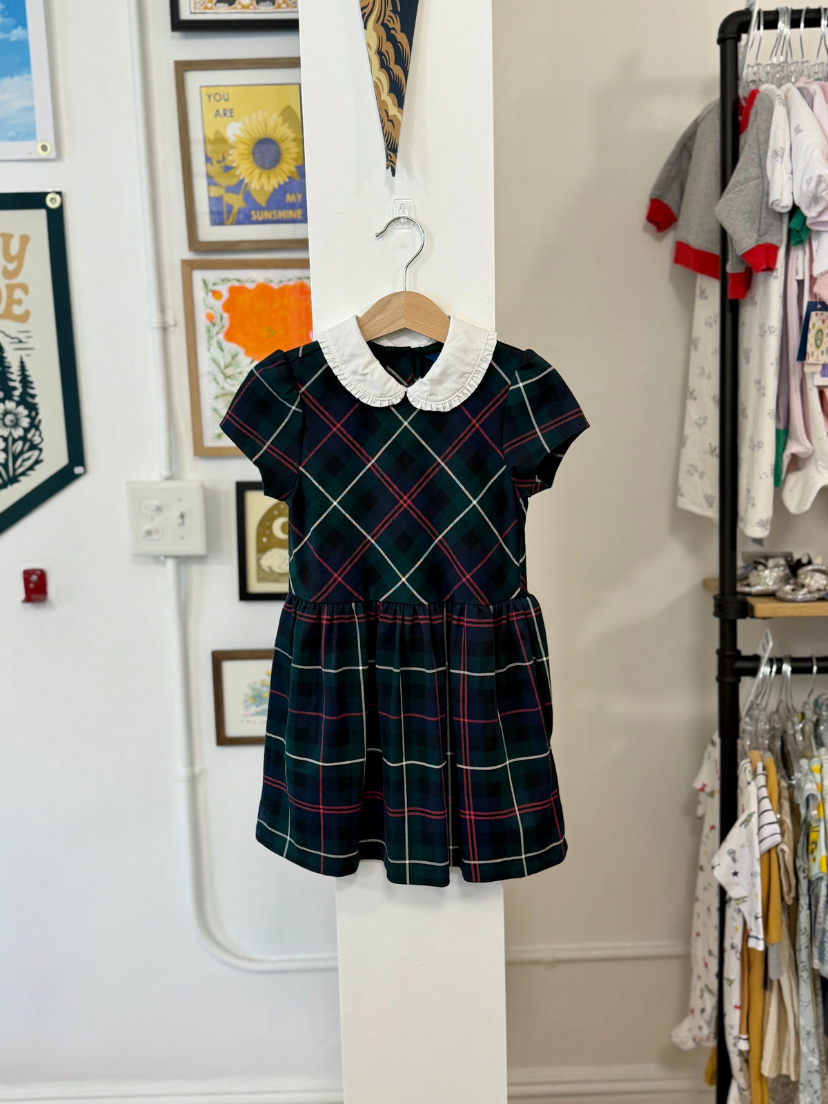 4/4T, Polo Ralph Lauren, Green, Short sleeve red/white/navy plaid ponte dress, white ruffled collar