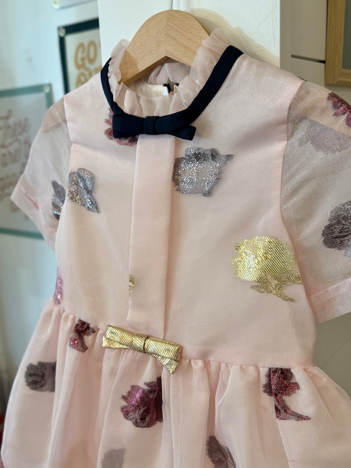 4/4T, Hucklebones London, Pink, Empire bow dress, organza jacquard metallic florals