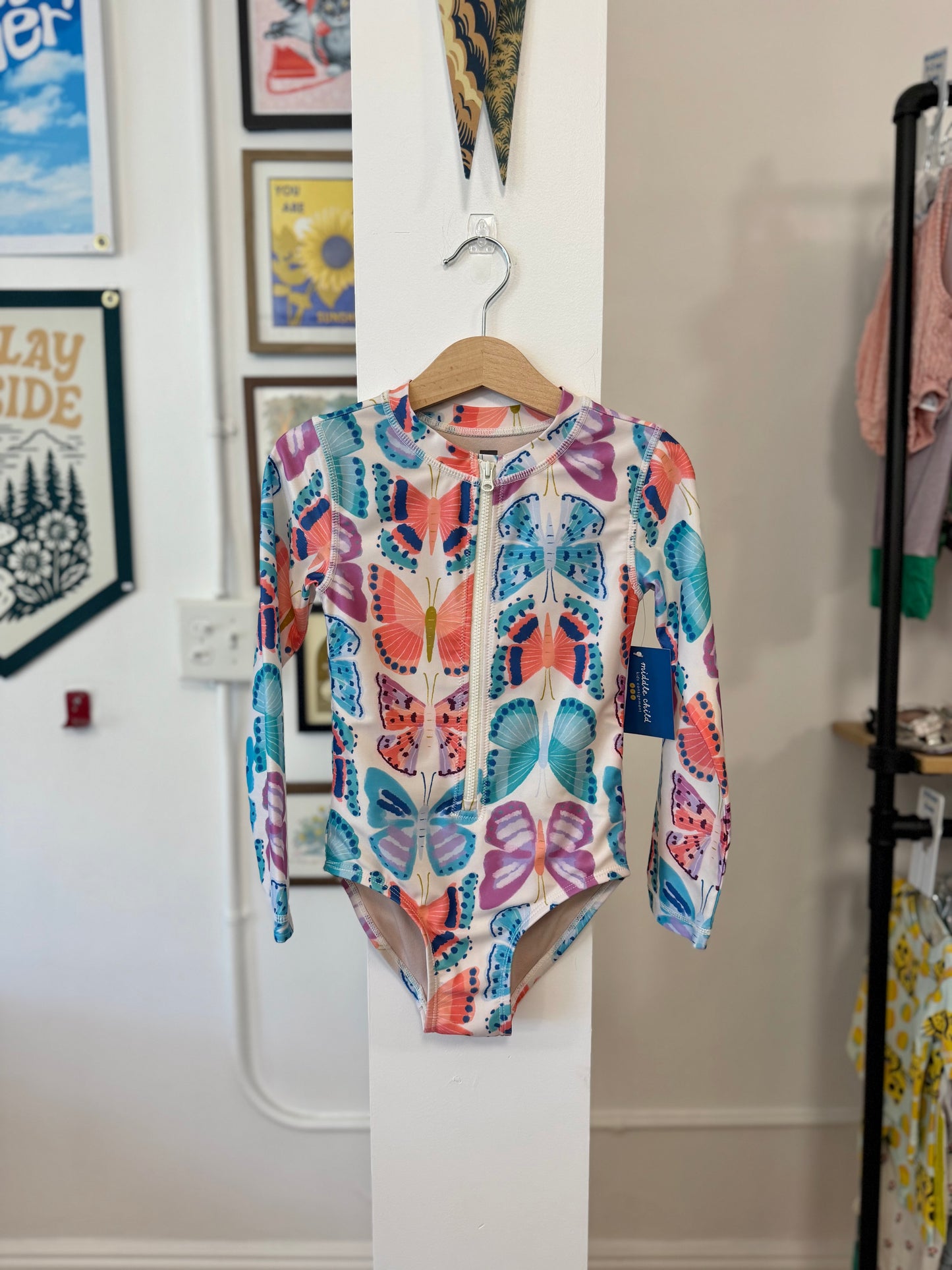 5/5T, Tea Collection, Cream, Blue/pink/orange large butterflies long-sleeve rash guard one-piece swimsuit