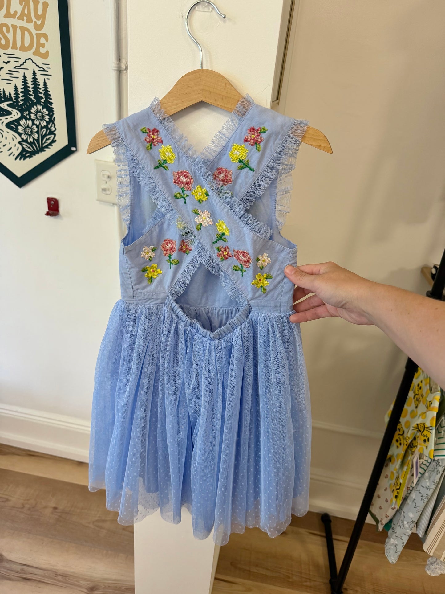 6-7, Boden, Blue, Tulle cross back dress, embroidered pink/yellow flowers