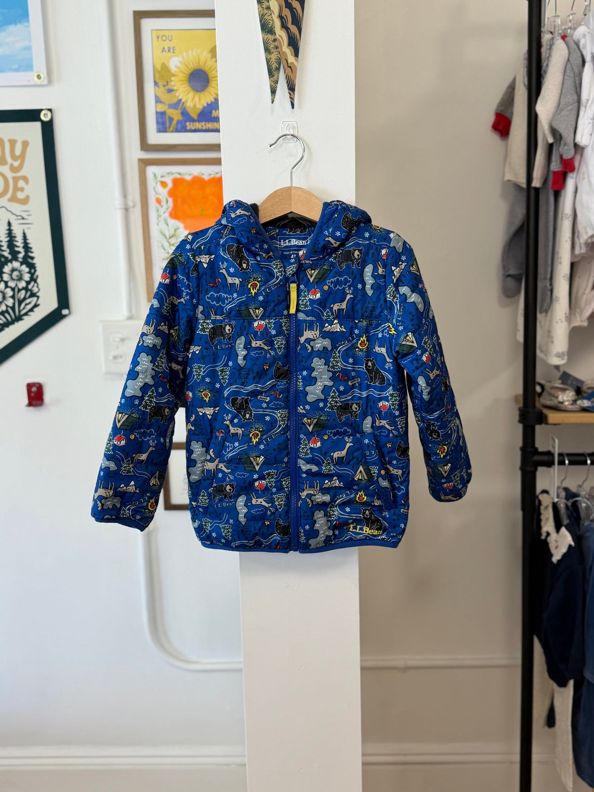 4/4T, L.L.Bean, Blue, Wildlife / camping print faux fur lined insulated hooded jacket with ears