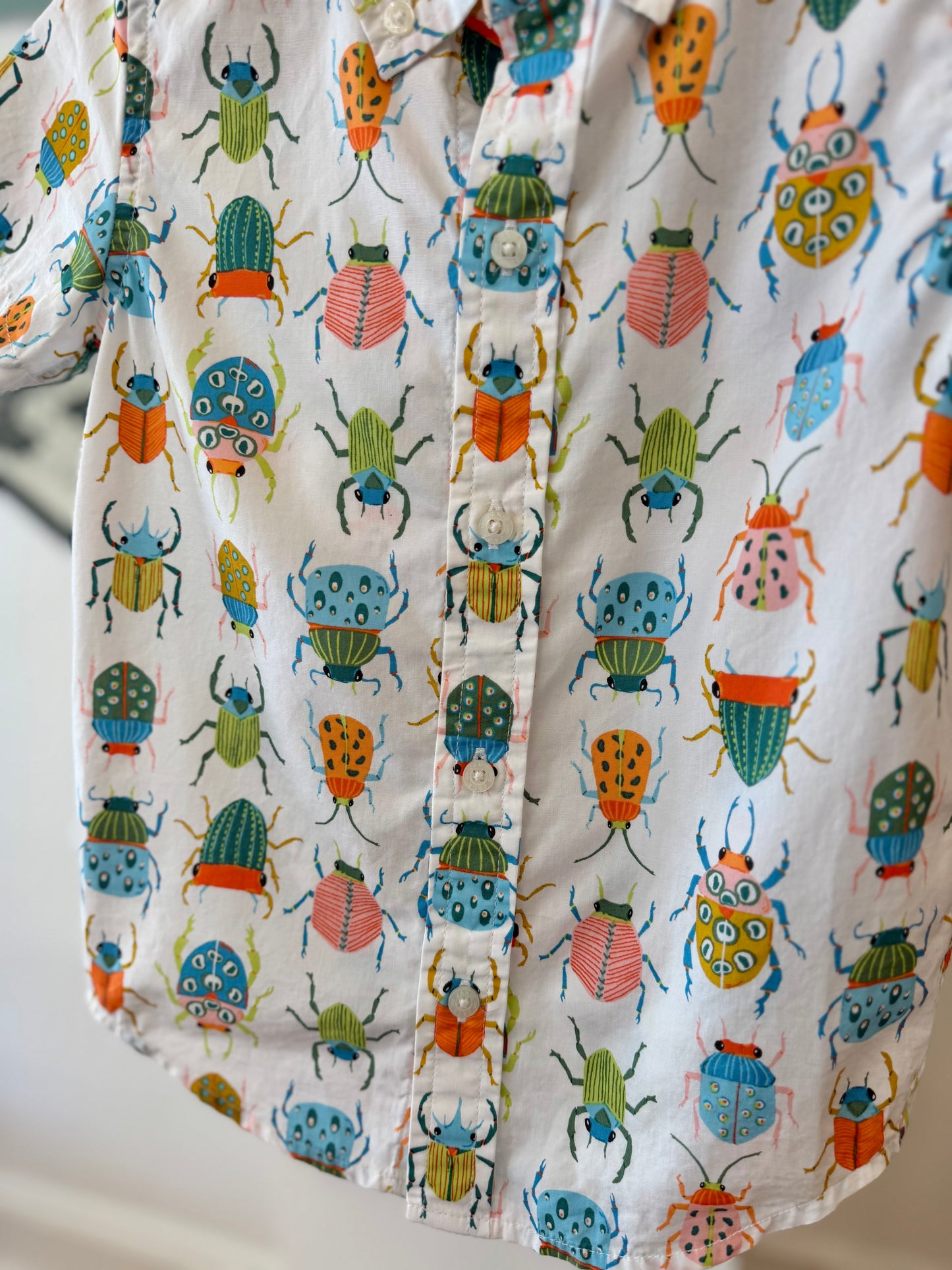 3/3T, Janie and Jack, White, Beetle bug print short-sleeve button-down shirt