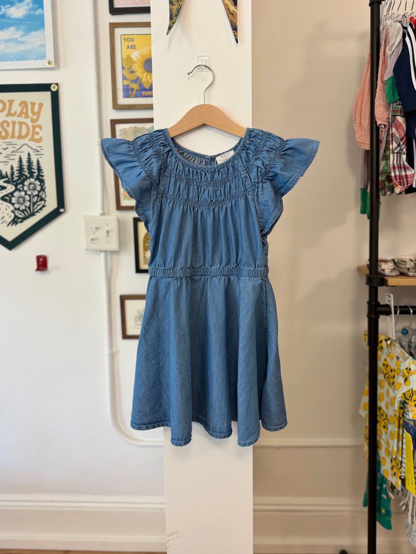 4/4T, J.Crew Crewcuts, Blue, Flutter sleeve chambray dress, smocking at chest, elastic waistband