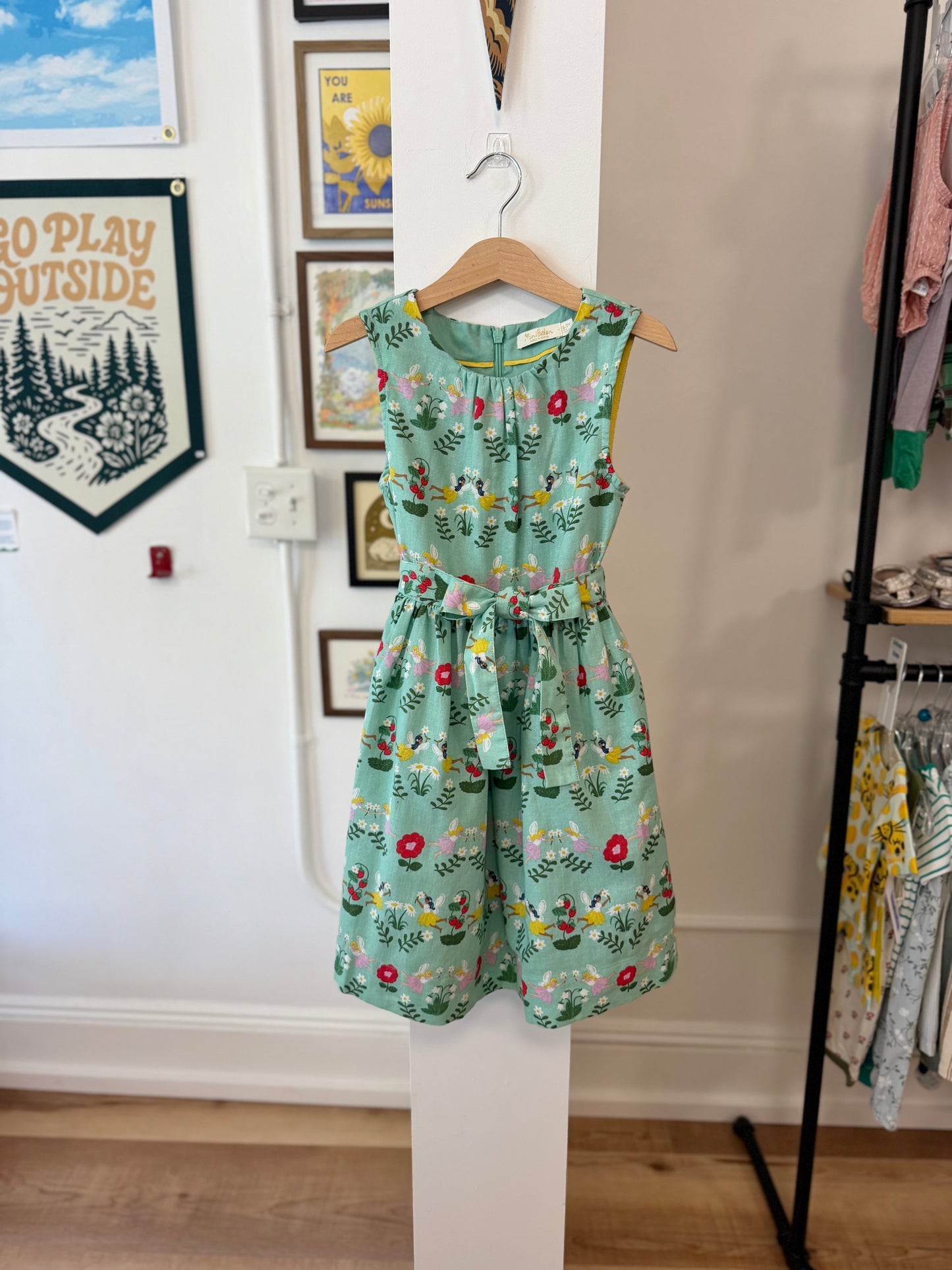 6-7, Boden, Green, Sleeveless linen mix fairy & floral dress w/ tie