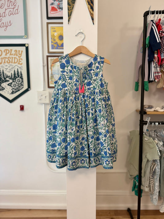 4/4T, Paisley Magic, White, NEW w/ tags - Sleeveless blue/green block print floral dress, neck tie with neon pink