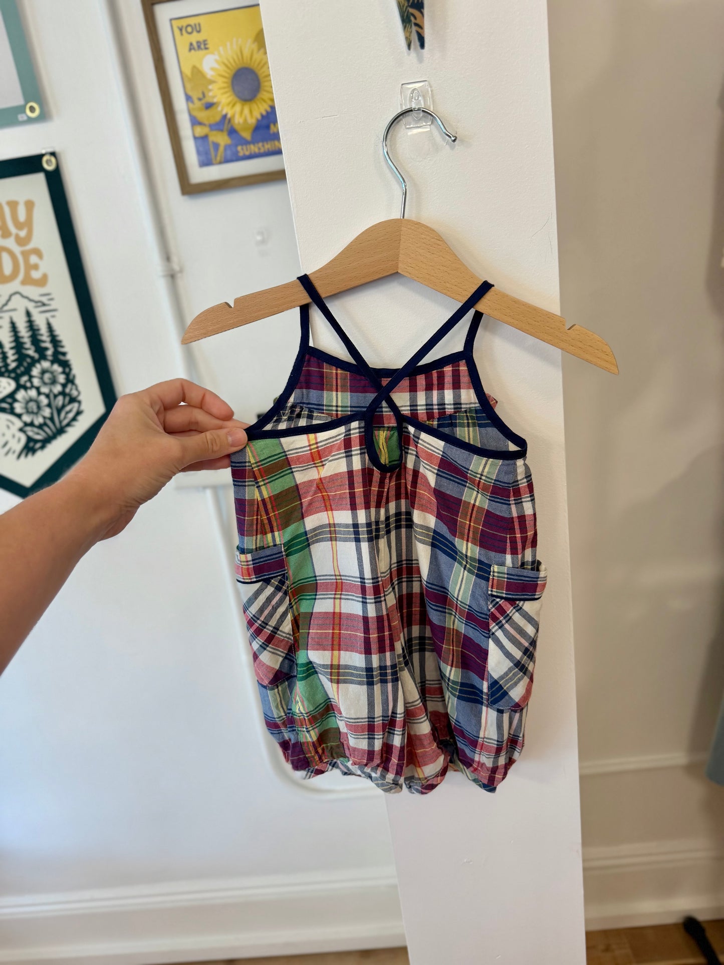 3 mo, Ralph Lauren, White, Spaghetti cross-strap plaid romper, pockets