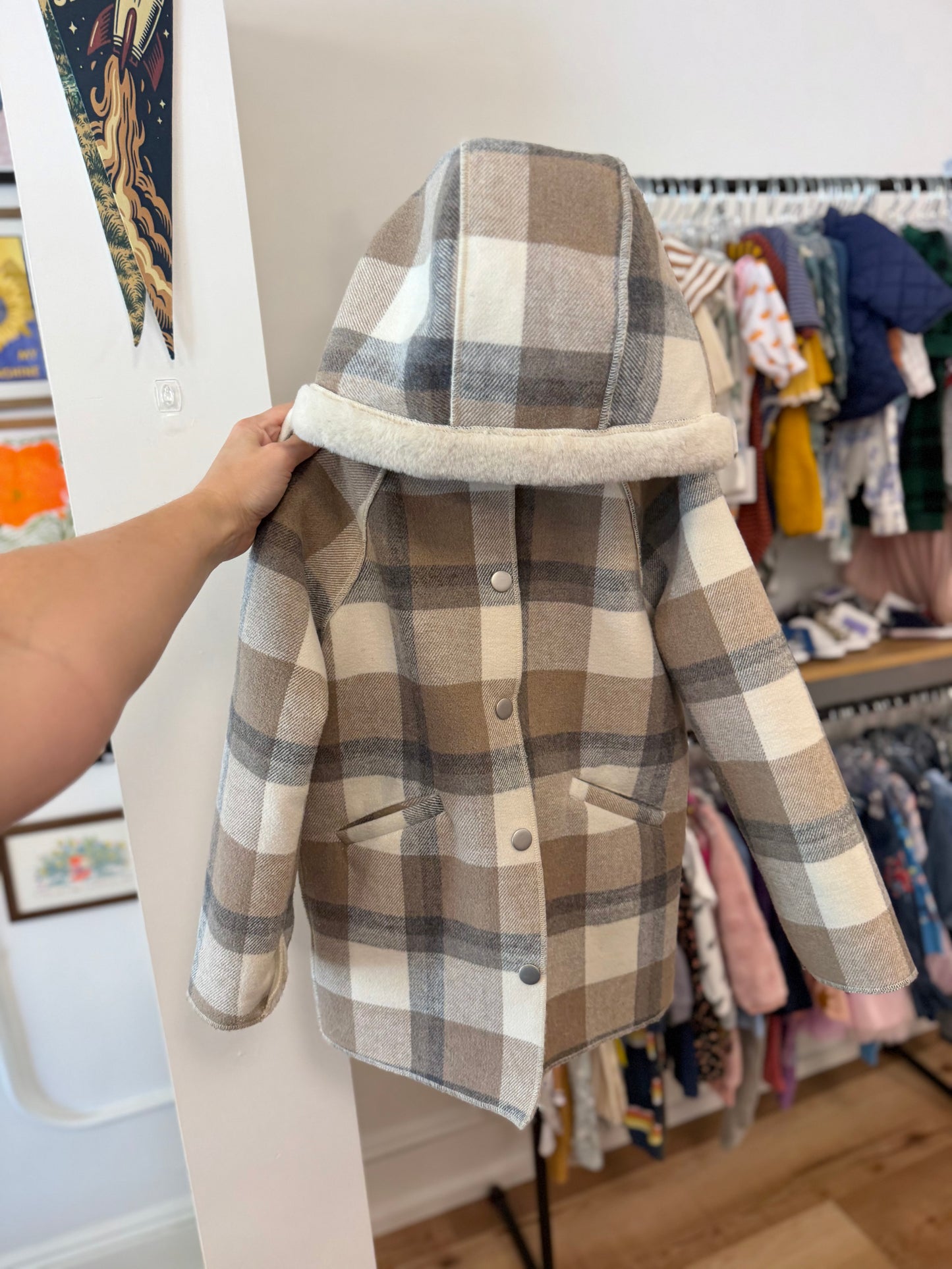 7, Mayoral, cream, Plaid faux fur lined hooded snap-up coat