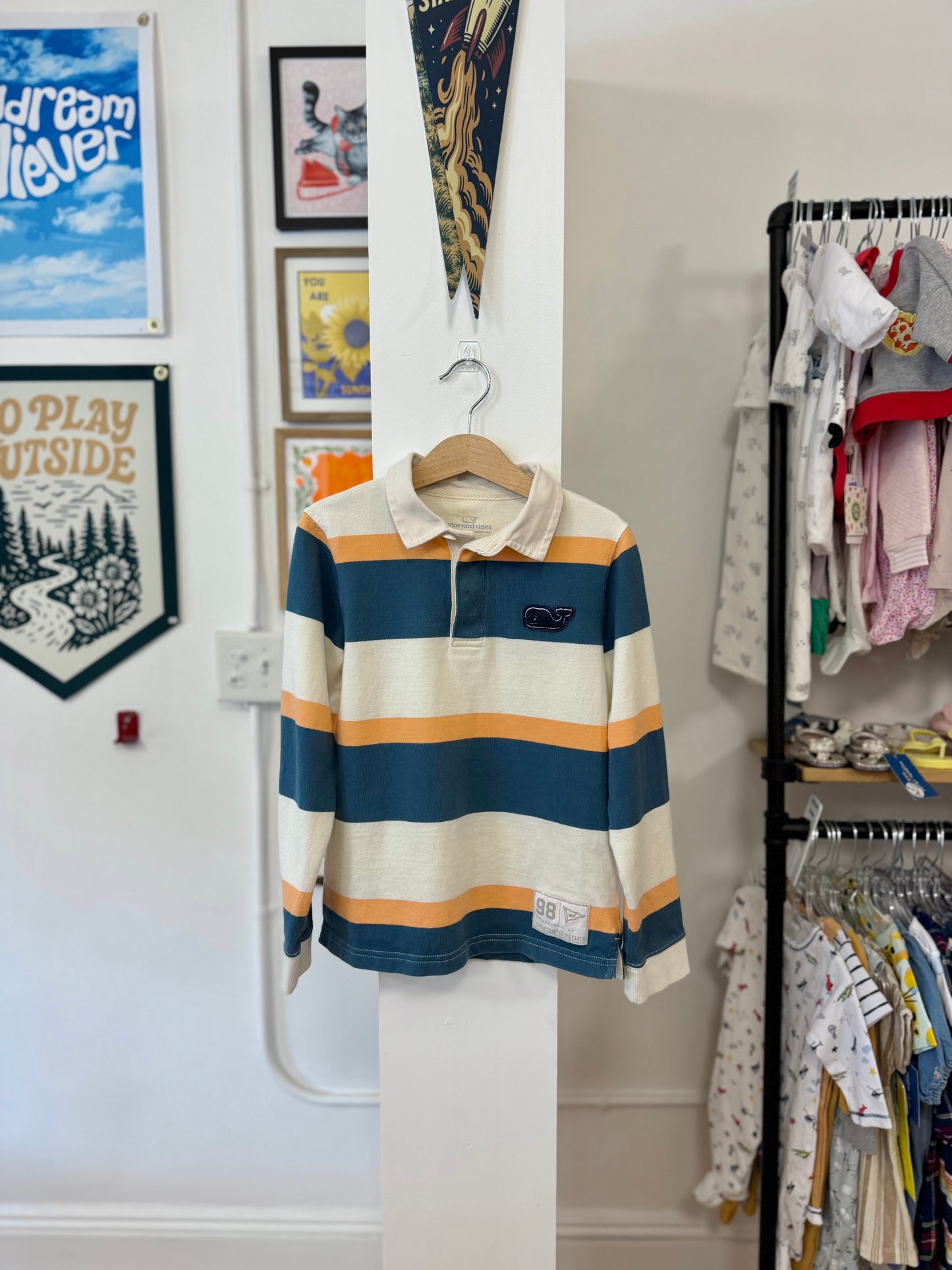 7, Vineyard Vines, Cream, Long-sleeve rugby shirt, teal/orange
