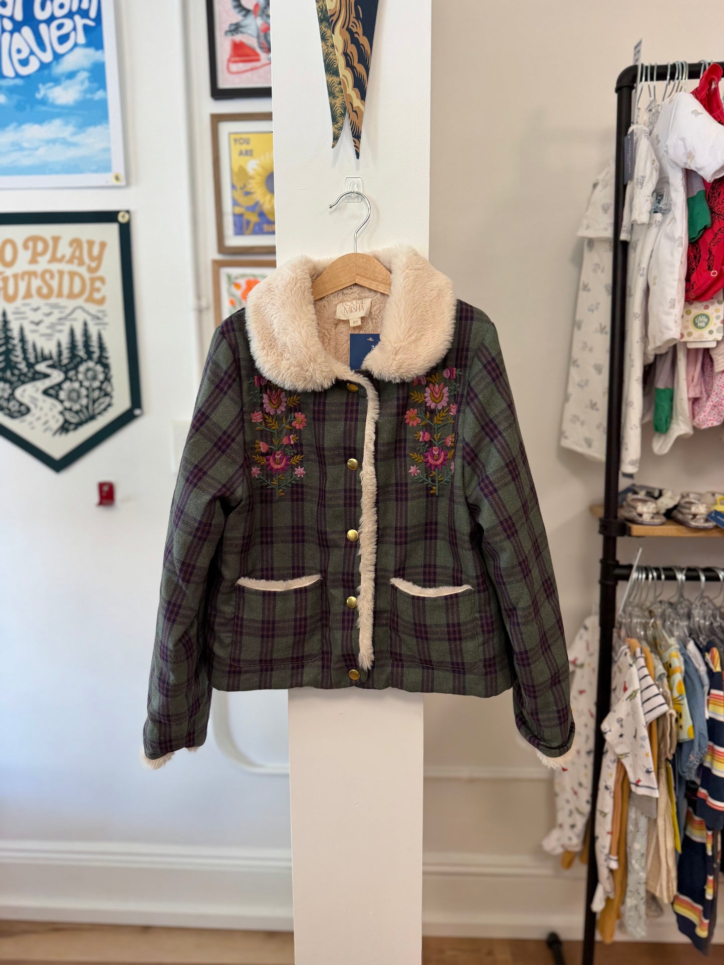 8, Louise Misha, Green, Plaid floral embroidered faux fur lined snap up jacket