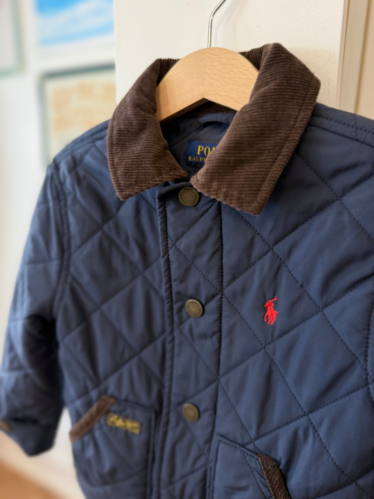 3/3T, Polo Ralph Lauren, Blue, Quilted snap-up barn jacket, corduroy collar