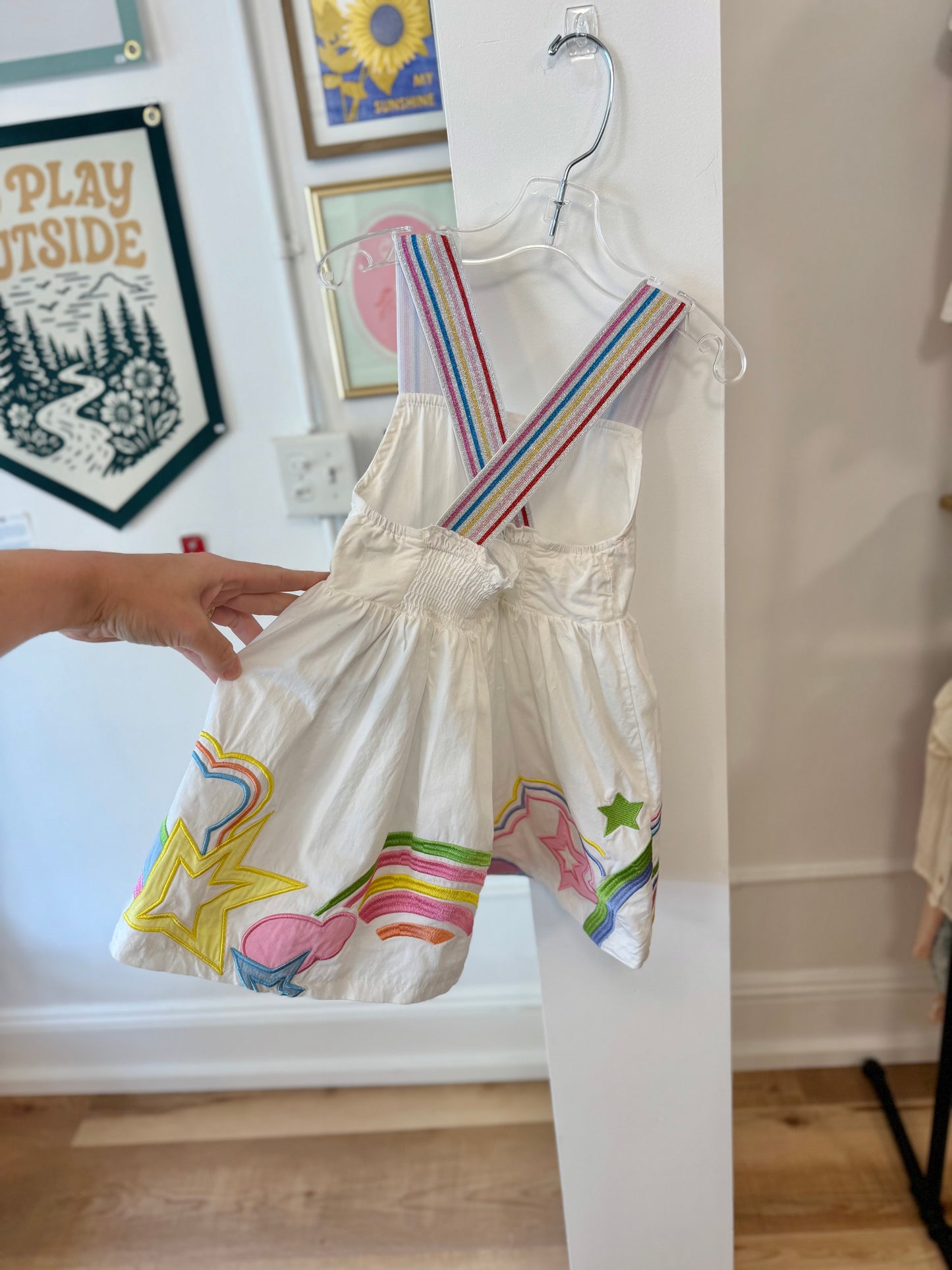 2/2T, Lola + The Boys, White, Shimmer rainbow stripe strap dress, embroidered stars and clouds at hem