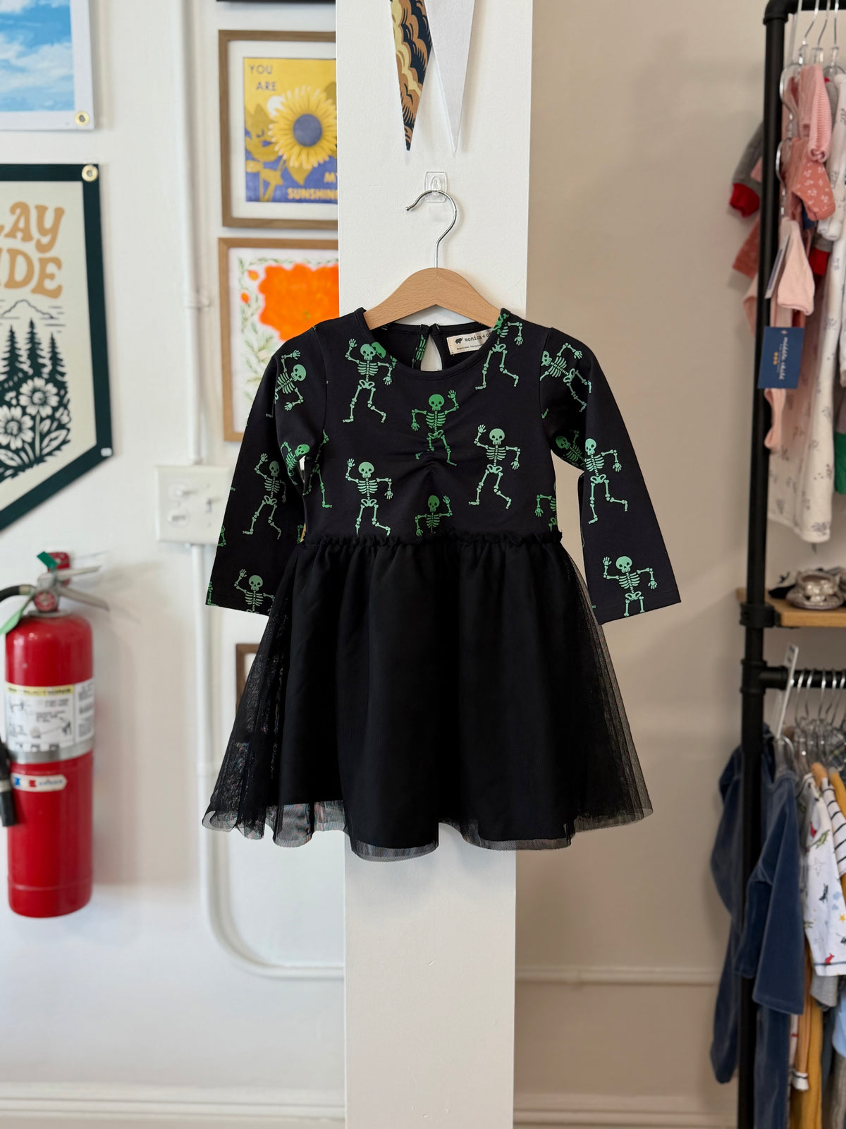 3/3T, Monica + Andy, Black, Skeleton Dance Party Long Sleeve Tulle Dress