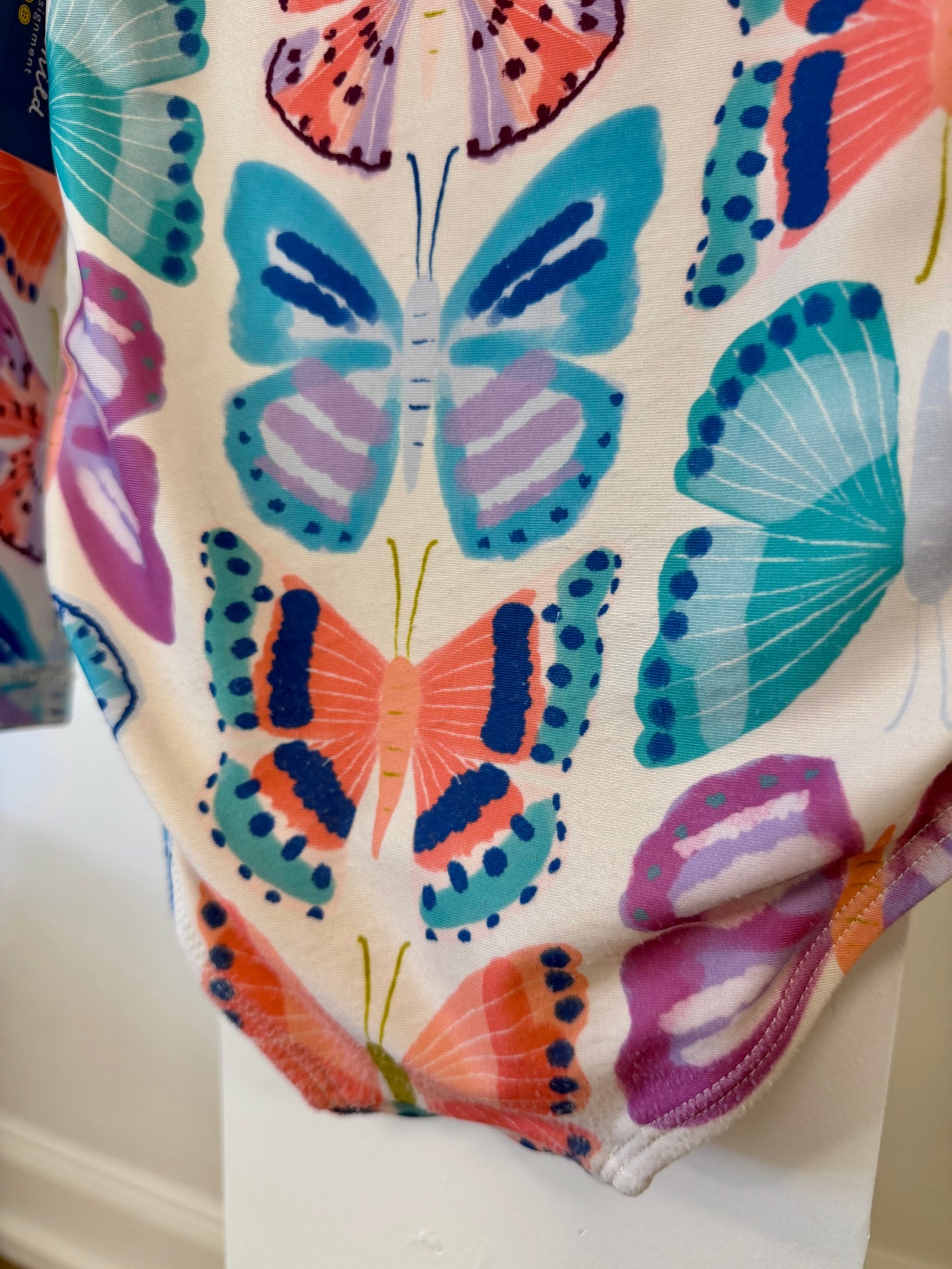 5/5T, Tea Collection, Cream, Blue/pink/orange large butterflies long-sleeve rash guard one-piece swimsuit