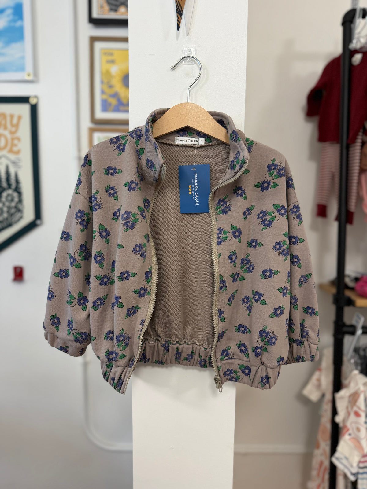 2/2T, Throwing Tiny Fits, Purple, Blue floral zip-up jacket, elastic waistband