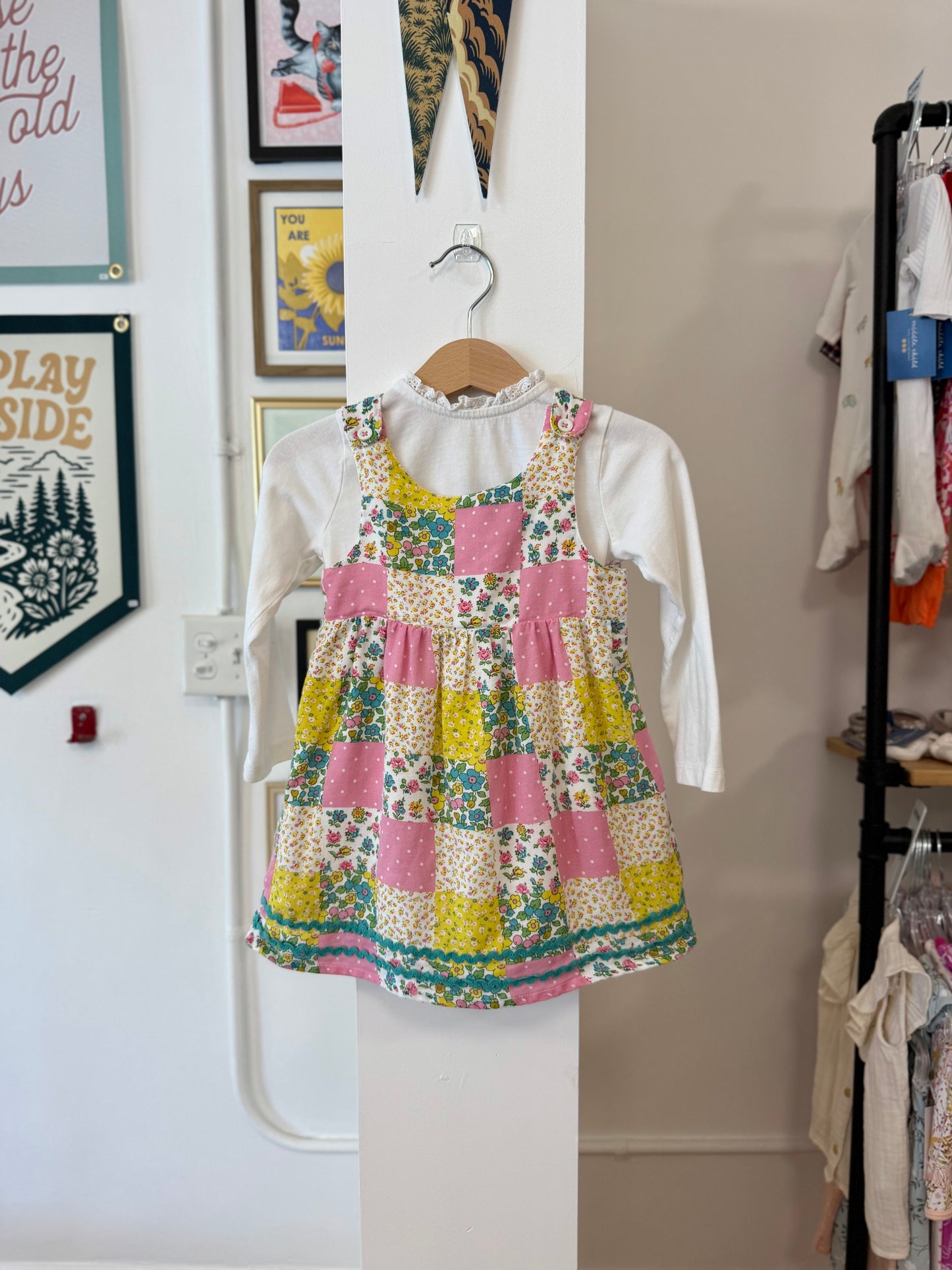 9-12 mo, Boden, White, Pink/blue/green floral patchwork pinafore dress / jumper + long-sleeve ruffle neck shirt SET