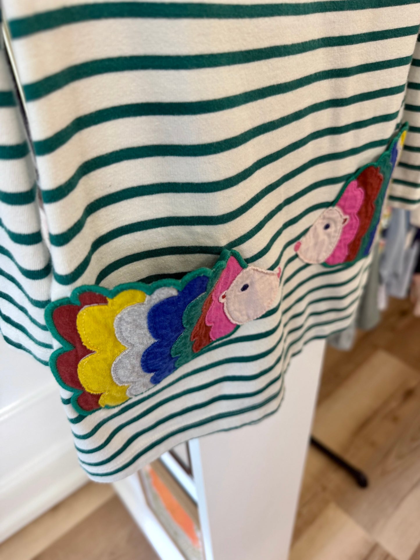 4-5, Boden, White, Green striped long-sleeve dress, appliqué rainbow hedgehog pockets