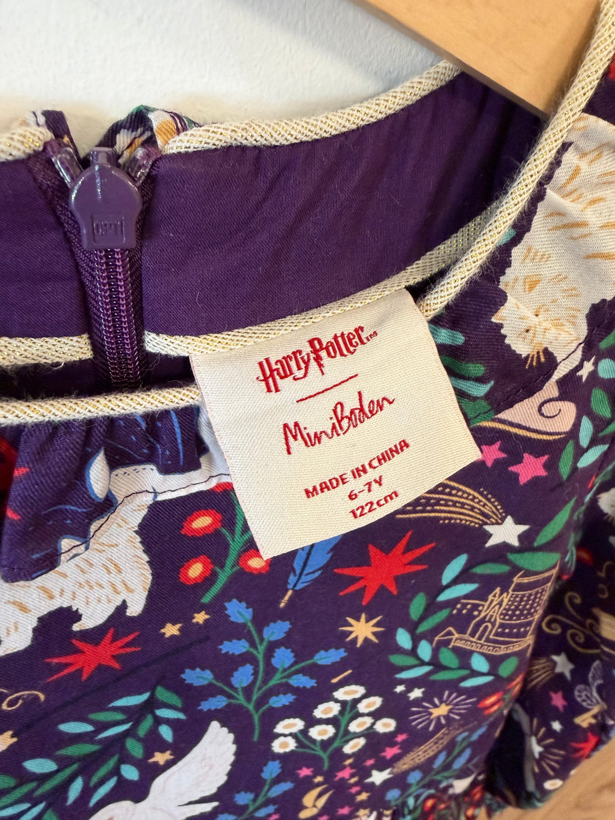 6-7, Boden, Purple, Long-sleeve Harry Potter collab dress, zip back, ruffle collar