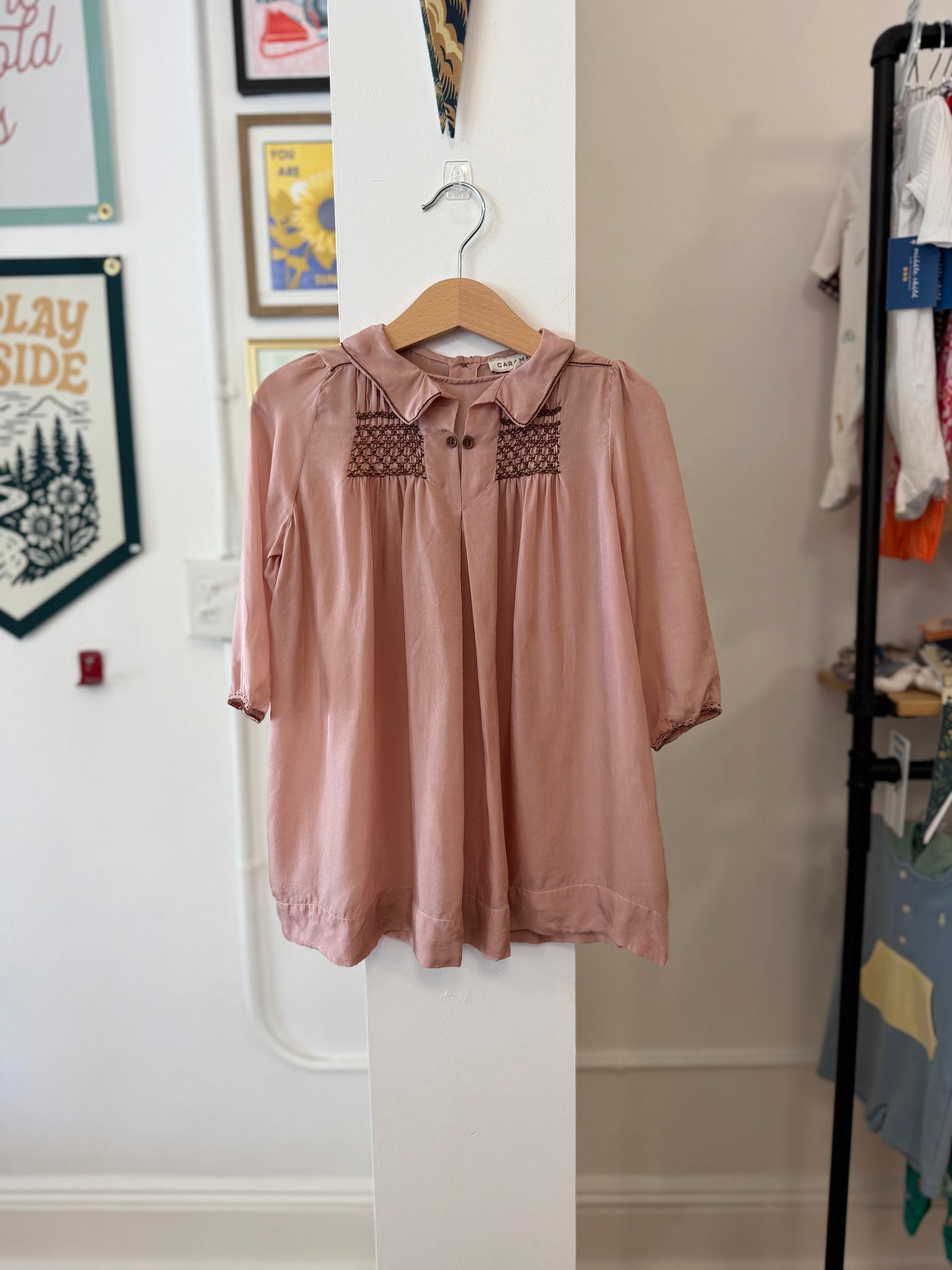 2/2T, Caramel, Pink, Aspen Dress, long-sleeve, dark pink smocking, buttons + bloomers SET