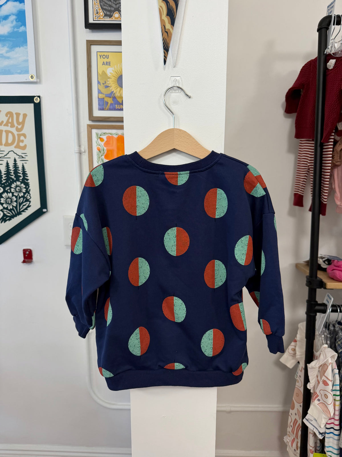 4/4T, Throwing Tiny Fits, Blue, Green/red circles trees graphic terry crewneck sweatshirt