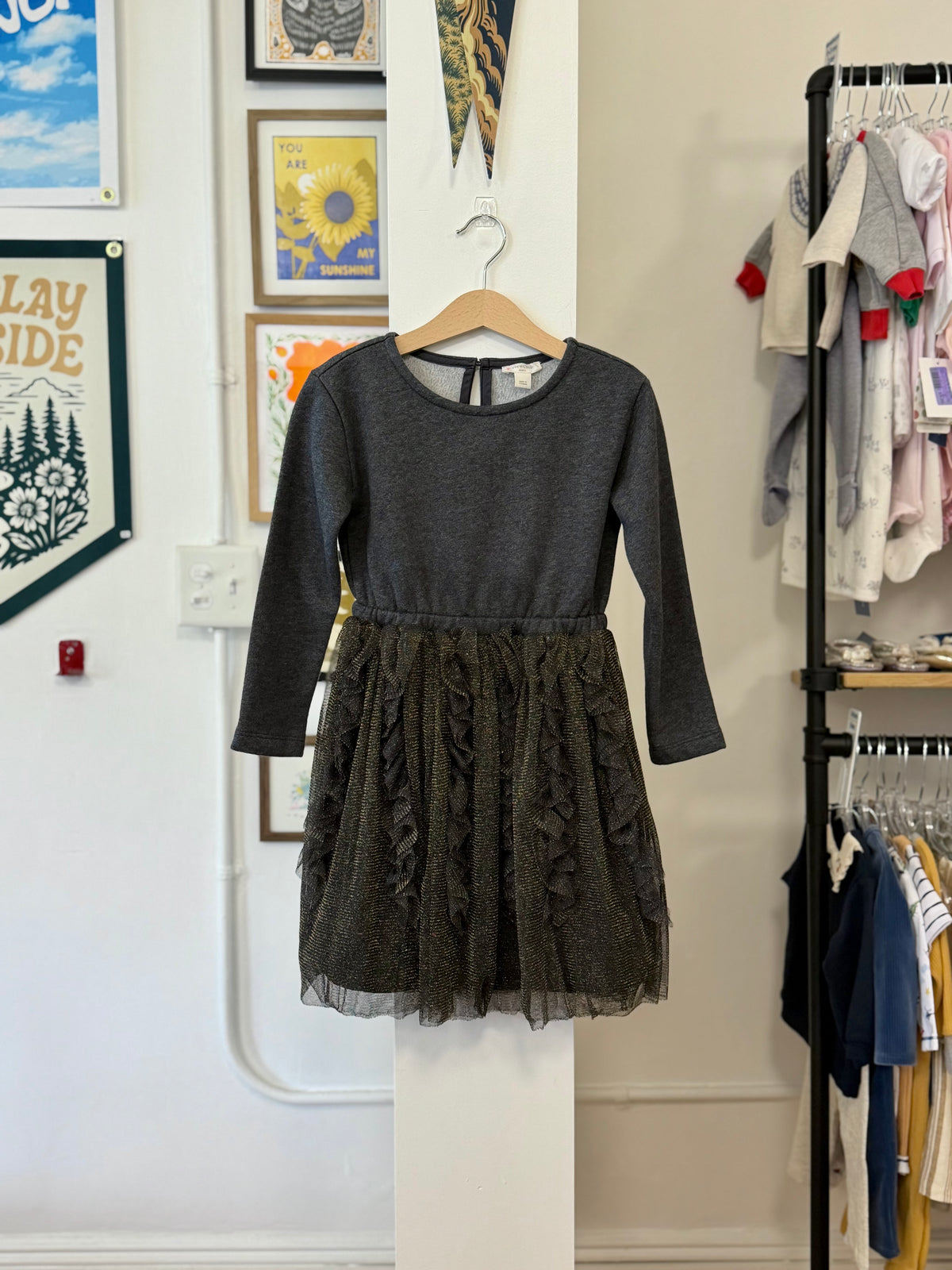 6, J.Crew Crewcuts, Grey, Long-sleeve fleece-lined sweatshirt top dress, frilled metallic tulle skirt