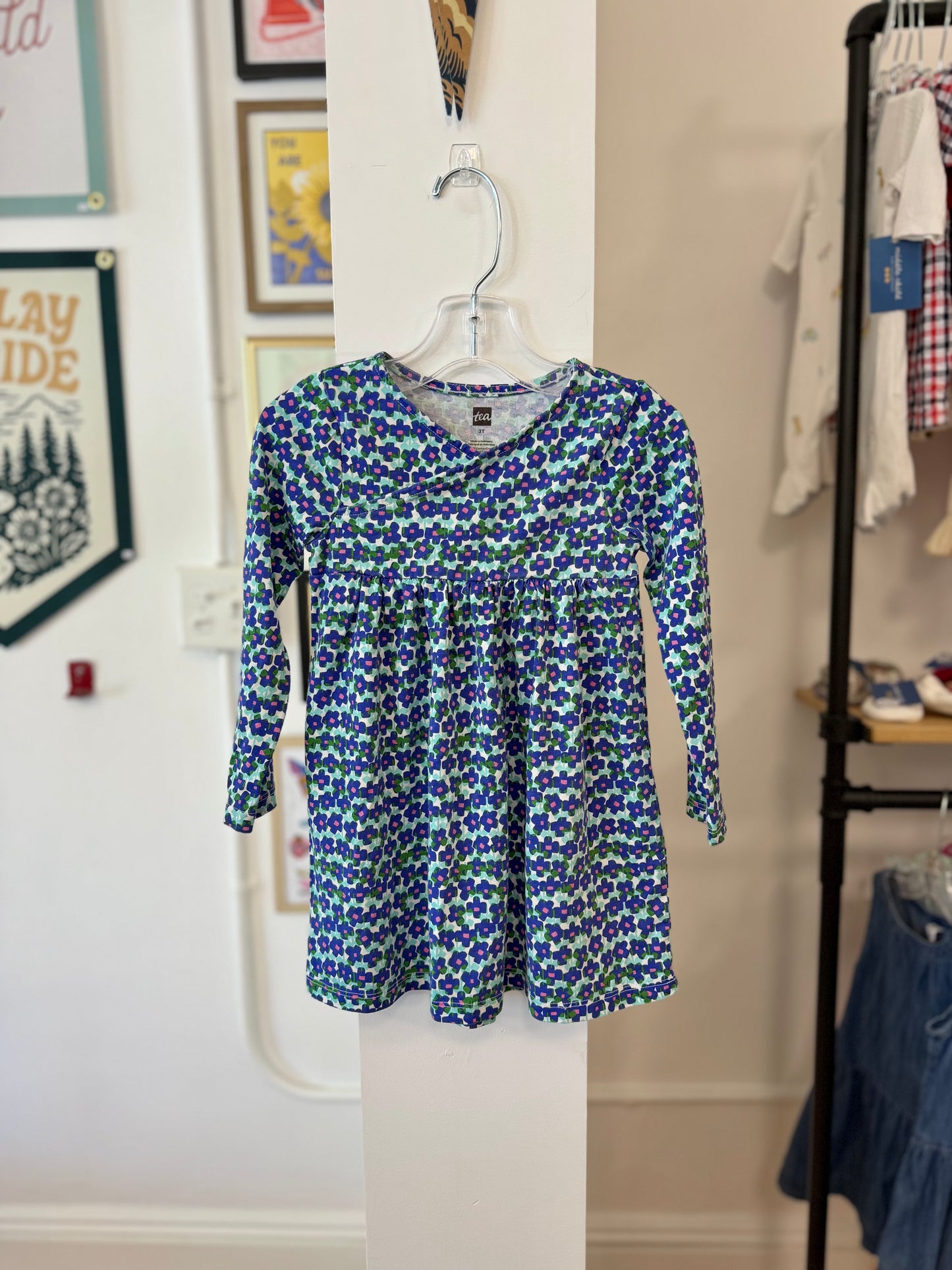 3/3T, Tea Collection, White, Blocky blue/pink floral faux wrap top long-sleeve dress