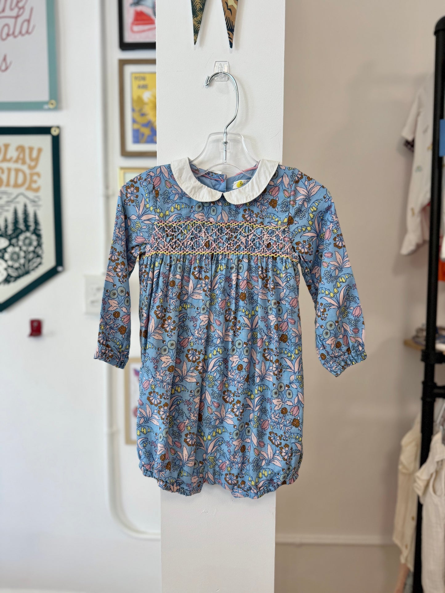 12-18 mo / 18 mo, Boden, Blue, Floral double-layer long-sleeve bubble romper, white Peter Pan collar, stitching at chest